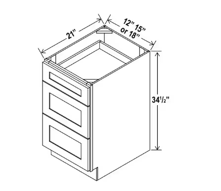 3VDB12 - Vanity Drawer Base Cabinet - 12"W x 34 1/2"H x 21"D - 3 DRW