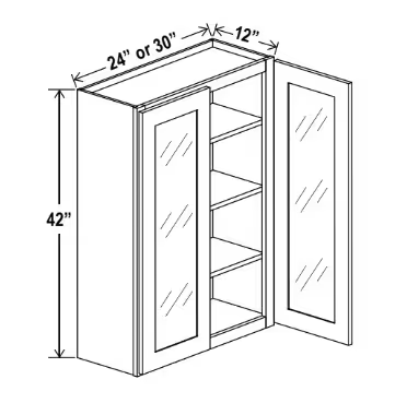 W2442GD - Wall Glass Door Cabinet - 24"W x 42"H x 12"D - 2D -3S