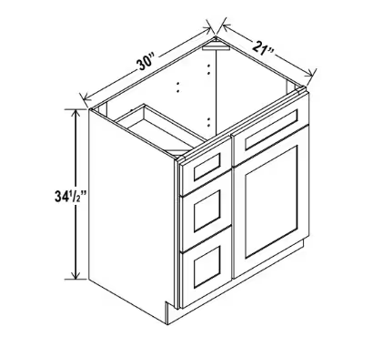 V3321DL - Vanity Sink Base - 33"W x 34 1/2" x 21"D - 1D 3 Left DRW