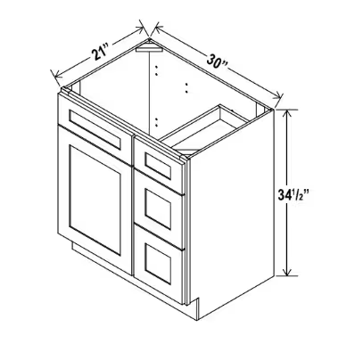 V3321DR - Vanity Sink Base - 33"W x 34 1/2" x 21"D - 1D 3 Right DRW