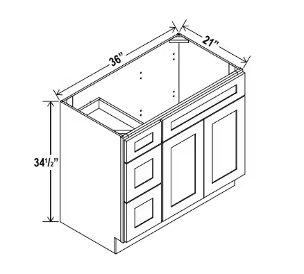 V3621DL - Vanity Sink Base - 36"W x 34 1/2" x 21"D - 1D 3 Left DRW