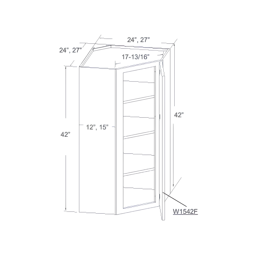 WDC2442 - WALL DIAGONAL CORNER CABINET - 1 DOOR 3 SHELVES 24"W x 12"D x 42"H Pure White - B5