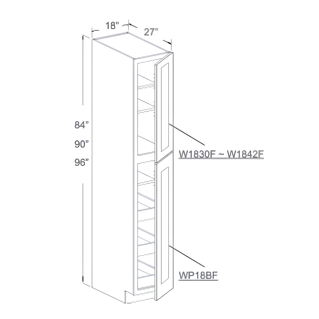 WP189627 - TALL PANTRY - 3 ROLL OUT TRAYS, 3 SHELVES 18"W x 27"D x 96"H Shaker White - S8