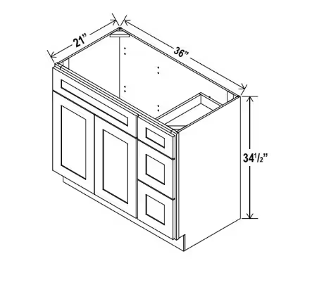 V3621DR - Vanity Sink Base - 36"W x 34 1/2" x 21"D - 1D, 3 Right DRW